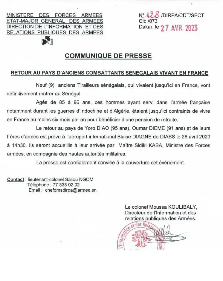 Des anciens combattants vivant en France de retour au Sénégal 